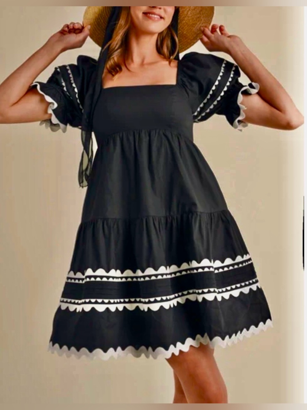 Bohme &merci black cotton babydoll bohemian mini dress Puff sleeve Square neck M